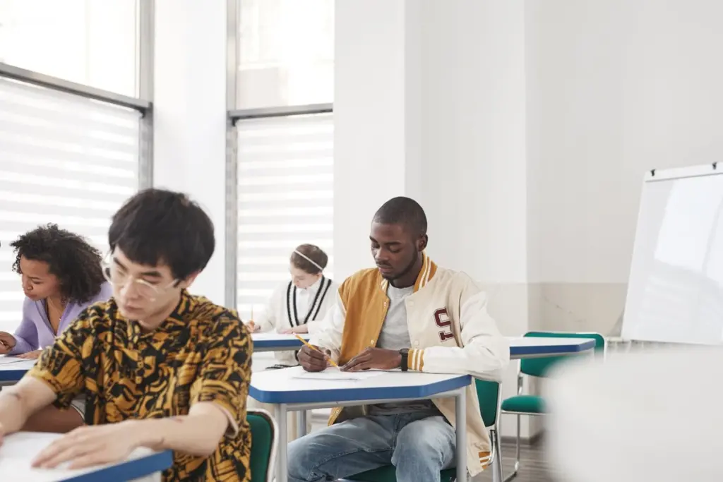 Aspirantes haciendo un examen escrito en una sala con filas de mesas